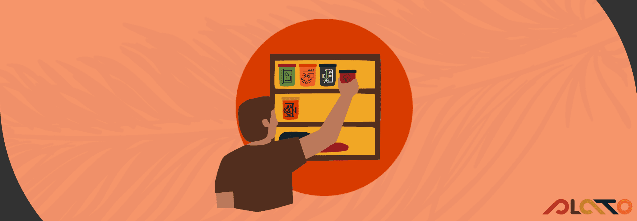 Graphic of a man buying software off a shelf