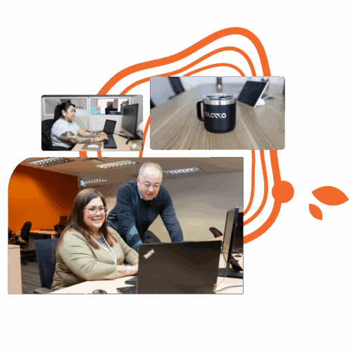 Three-photo cluster showing people working at their desks and a company-branded mug on a boardroom table.