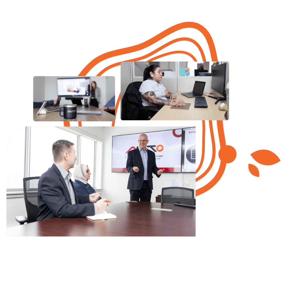 Three photos: person working at a desk, PLATO mug in boardroom, and a meeting with three people around a table.