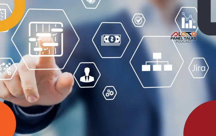 Person reaching forward to touch a floating screen with different test management tool icons