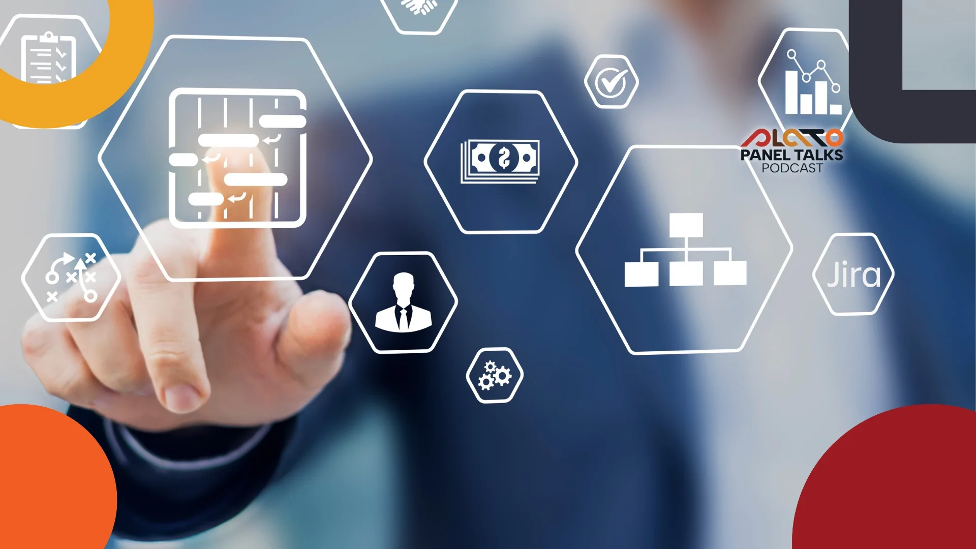 Person reaching forward to touch a floating screen with different test management tool icons