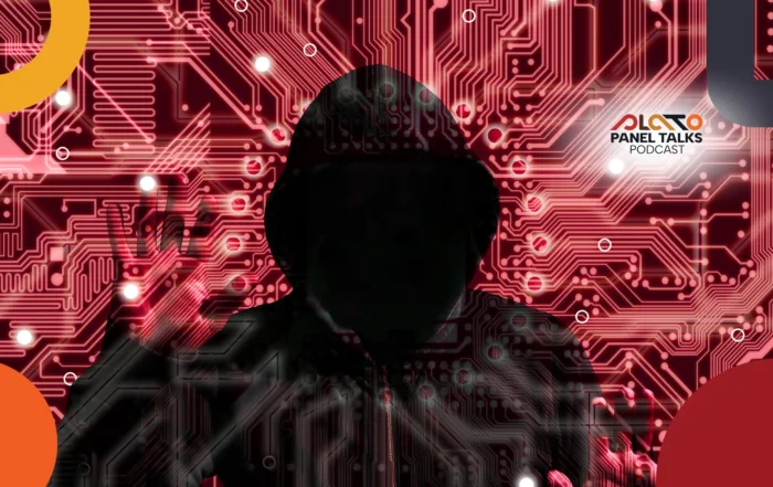 A dark, hooded figure stands against a glowing red circuit board pattern, representing cybersecurity and hacking. The PLATO Panel Talks Podcast logo appears in the upper right corner.
