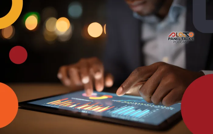 Hands interacting with charts on a tablet screen, with the Plato Panel Talks Podcast logo in the corner.