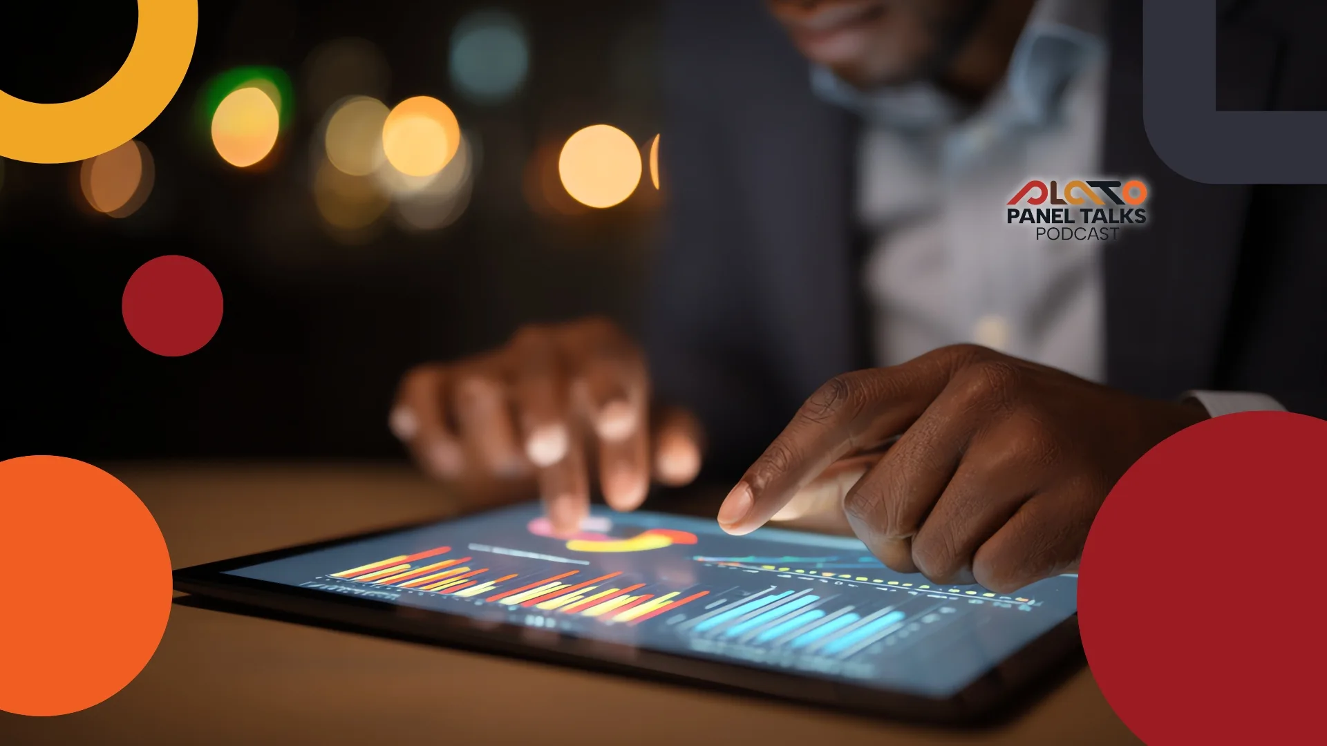Hands interacting with charts on a tablet screen, with the Plato Panel Talks Podcast logo in the corner.