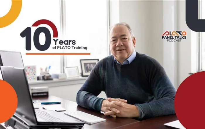 Keith McIntosh, PLATO CEO, sits at a desk in a bright office, smiling at the camera with his hands folded. A laptop and keyboard are on the desk in front of him. Graphic text on the image reads “10 Years of PLATO Training,” along with the “PLATO Panel Talks Podcast” logo.